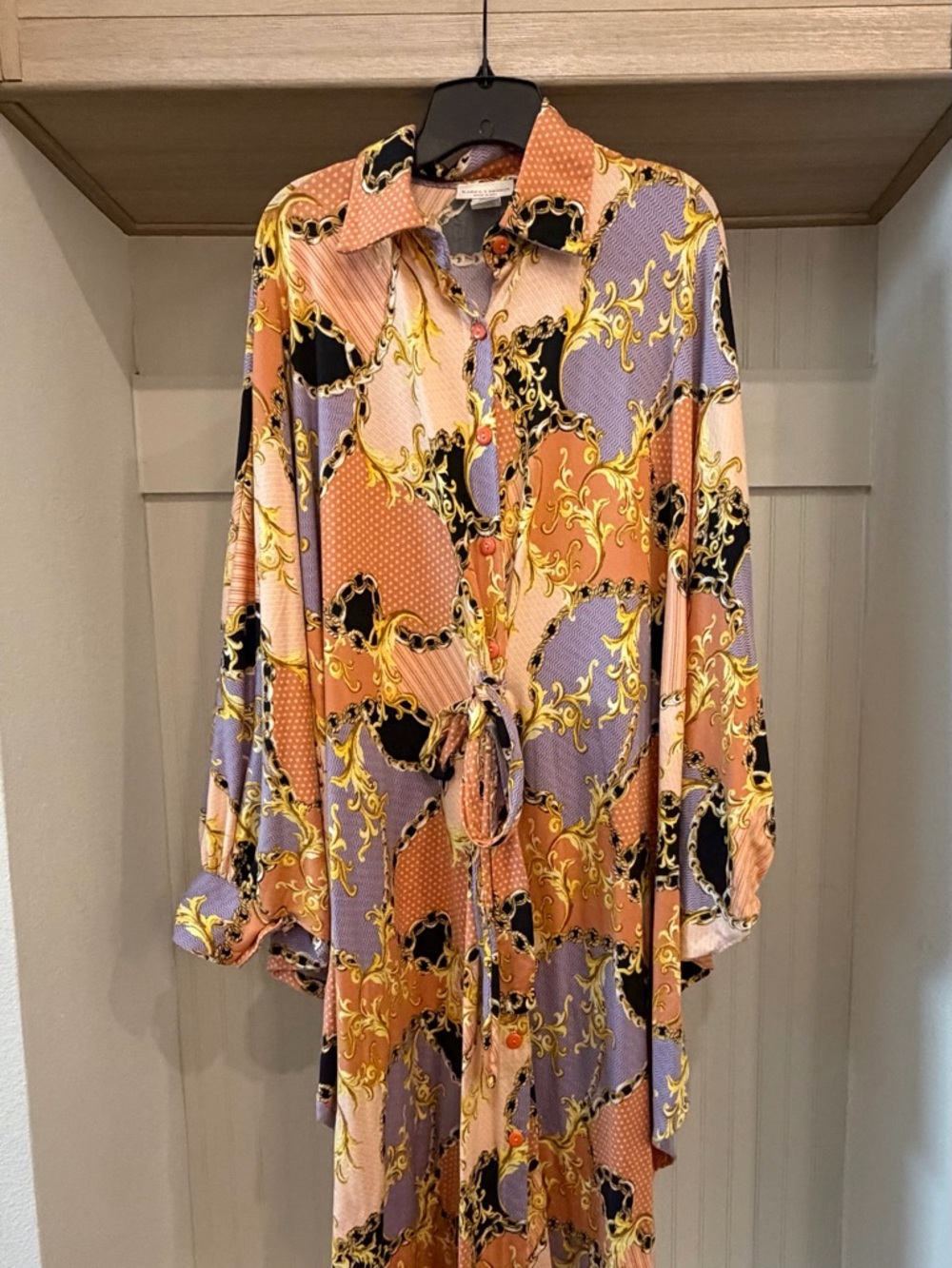 Women's Peach & Lavender Printed Tie-Front Shirt Dress